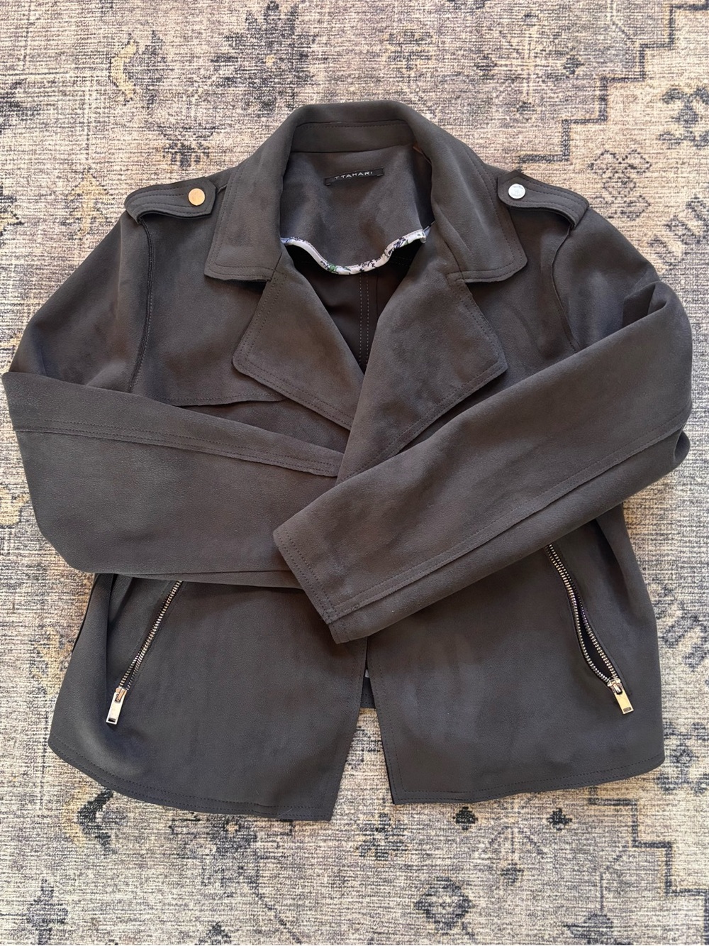T Tahari Grey Suede-Look Moto Jacket